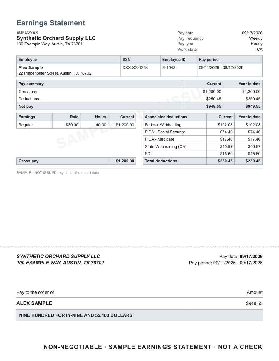 Advice statement layout in slate, with the ruled lines check area, shown with sample data and a SAMPLE watermark