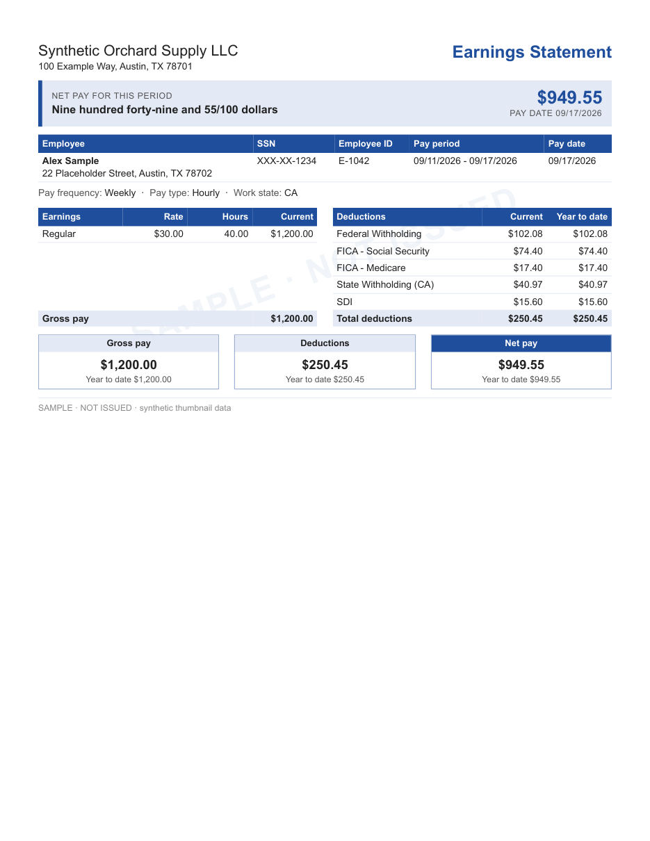 Net pay banner + statement layout in blue, statement only, shown with sample data and a SAMPLE watermark