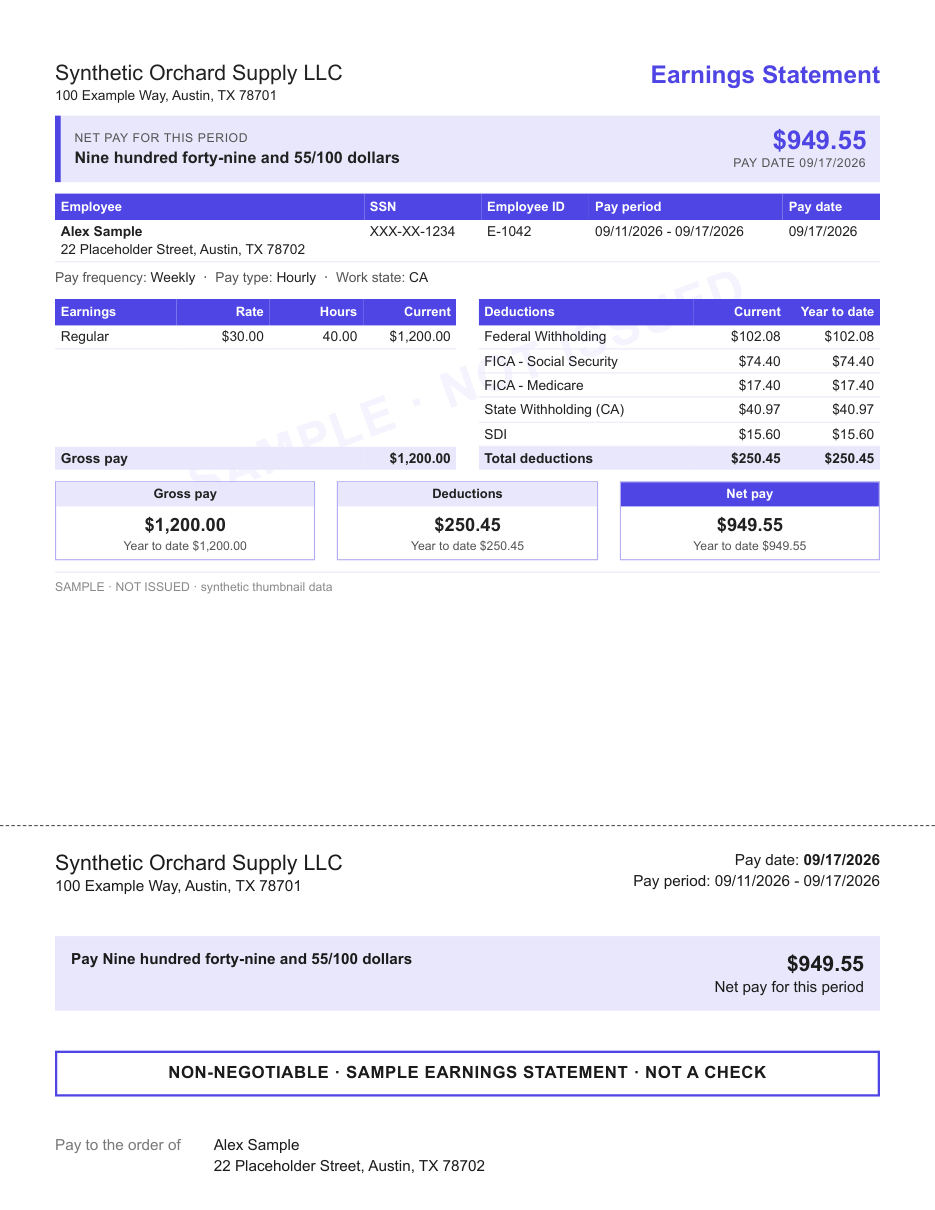 Net pay banner + statement layout in indigo, with the net pay banner check area, shown with sample data and a SAMPLE watermark