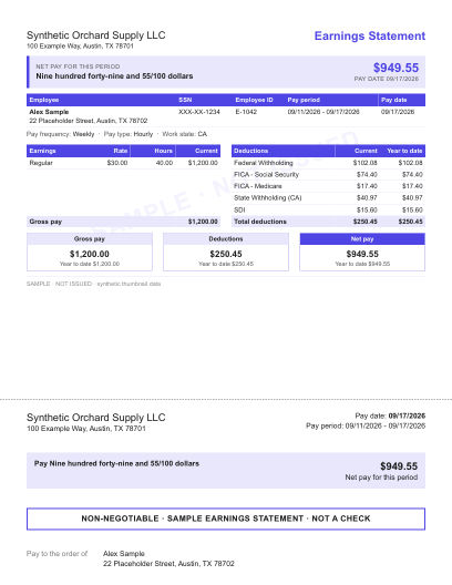 Net pay banner + statement layout in indigo, with the net pay banner check area, shown with sample data and a SAMPLE watermark