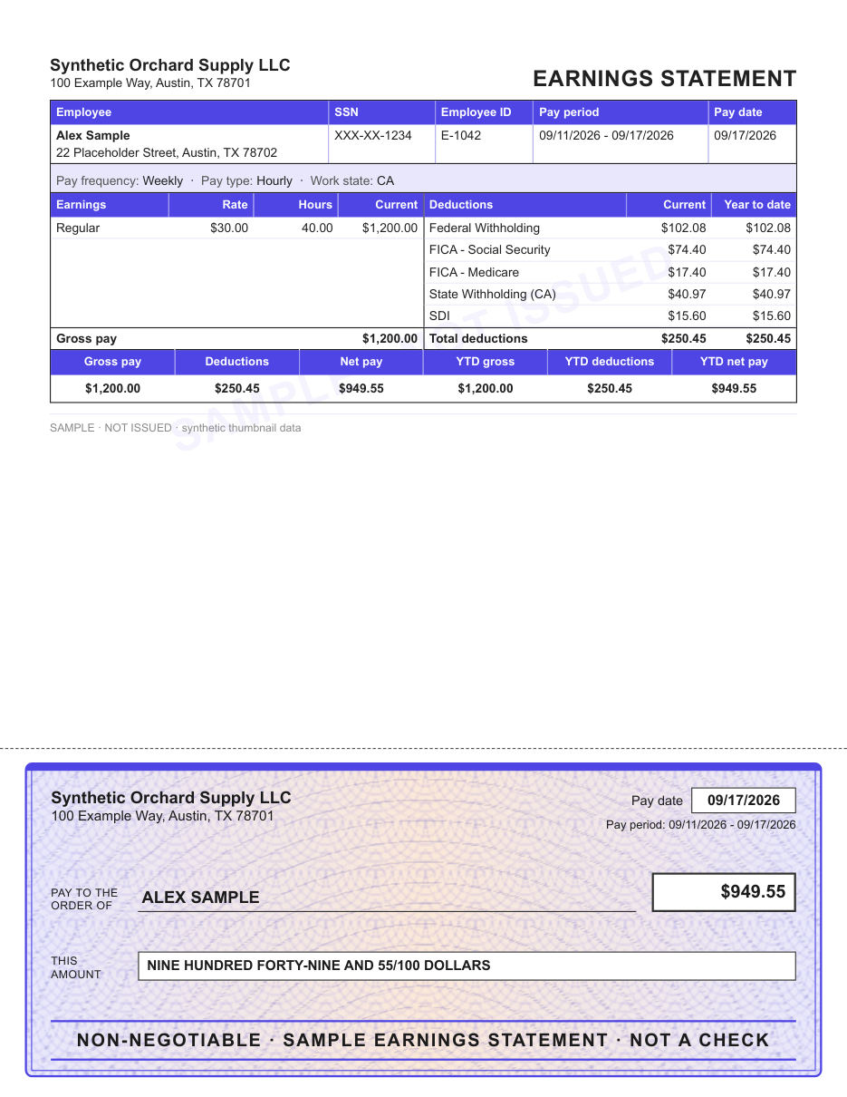 Boxed earnings statement layout in indigo, with the security tint check area, shown with sample data and a SAMPLE watermark