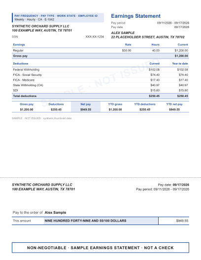 Classic earnings statement layout in blue, with the outline check area, shown with sample data and a SAMPLE watermark