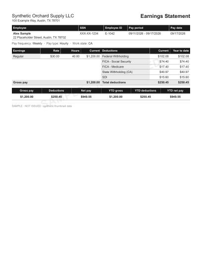 Compact statement table layout in black, statement only, shown with sample data and a SAMPLE watermark