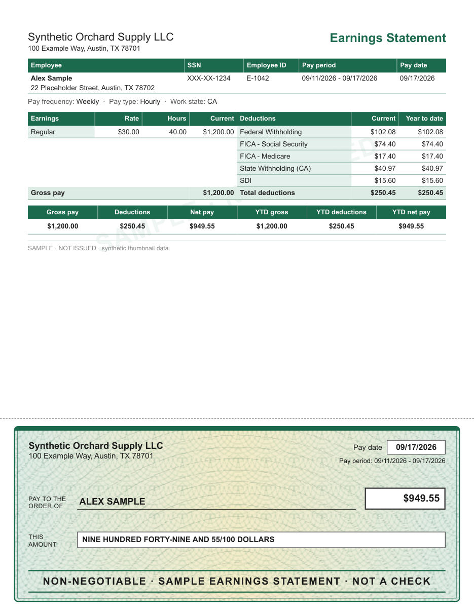 Compact statement table layout in green, with the security tint check area, shown with sample data and a SAMPLE watermark