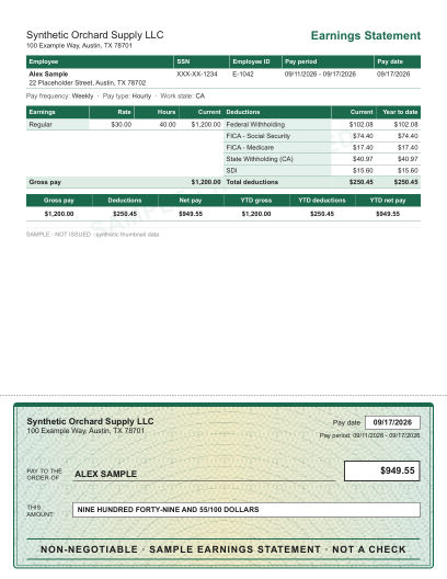 Compact statement table layout in green, with the security tint check area, shown with sample data and a SAMPLE watermark
