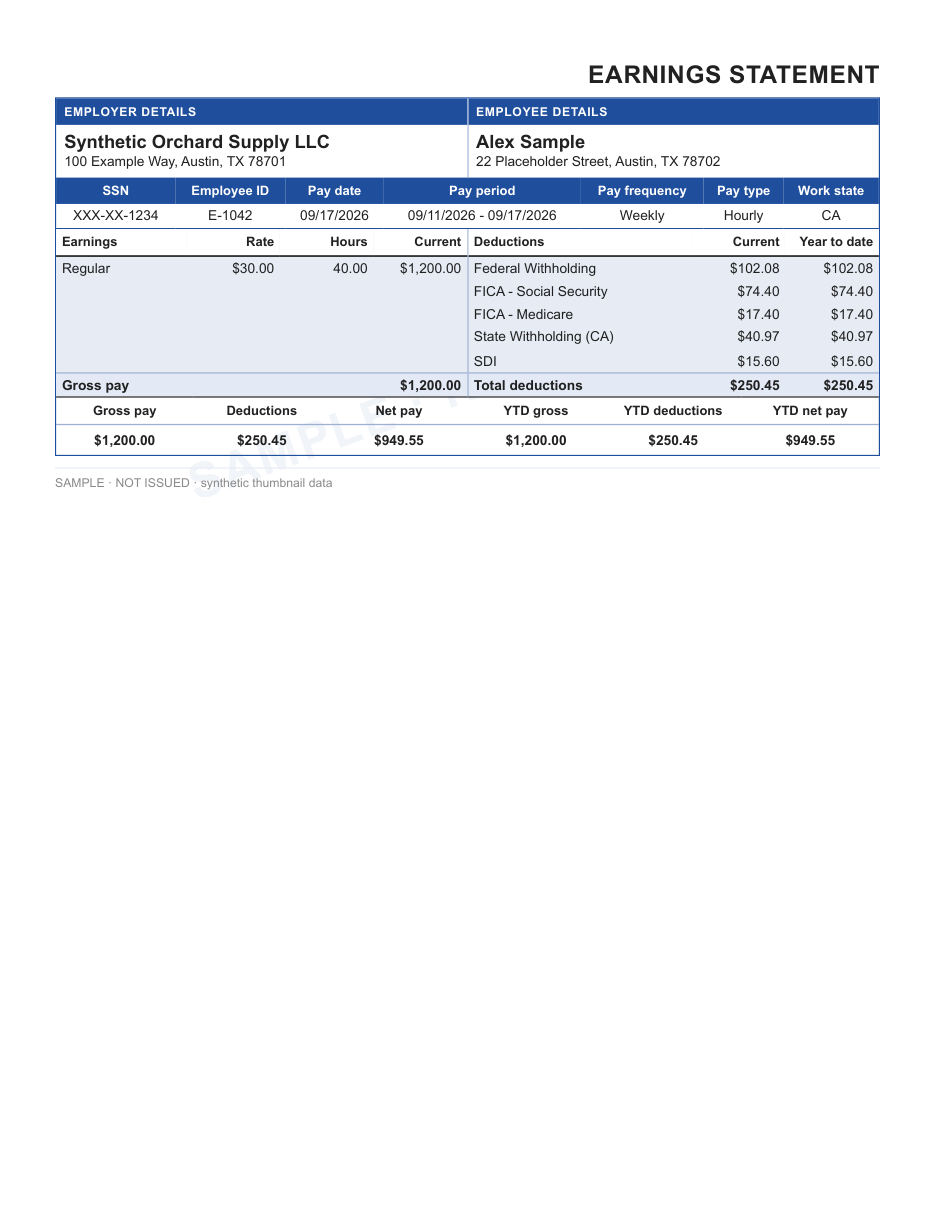 Employer & employee detail bars layout in blue, statement only, shown with sample data and a SAMPLE watermark