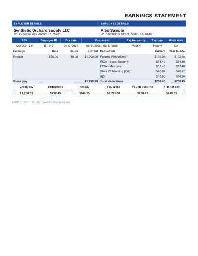 Employer & employee detail bars layout in blue, statement only, shown with sample data and a SAMPLE watermark