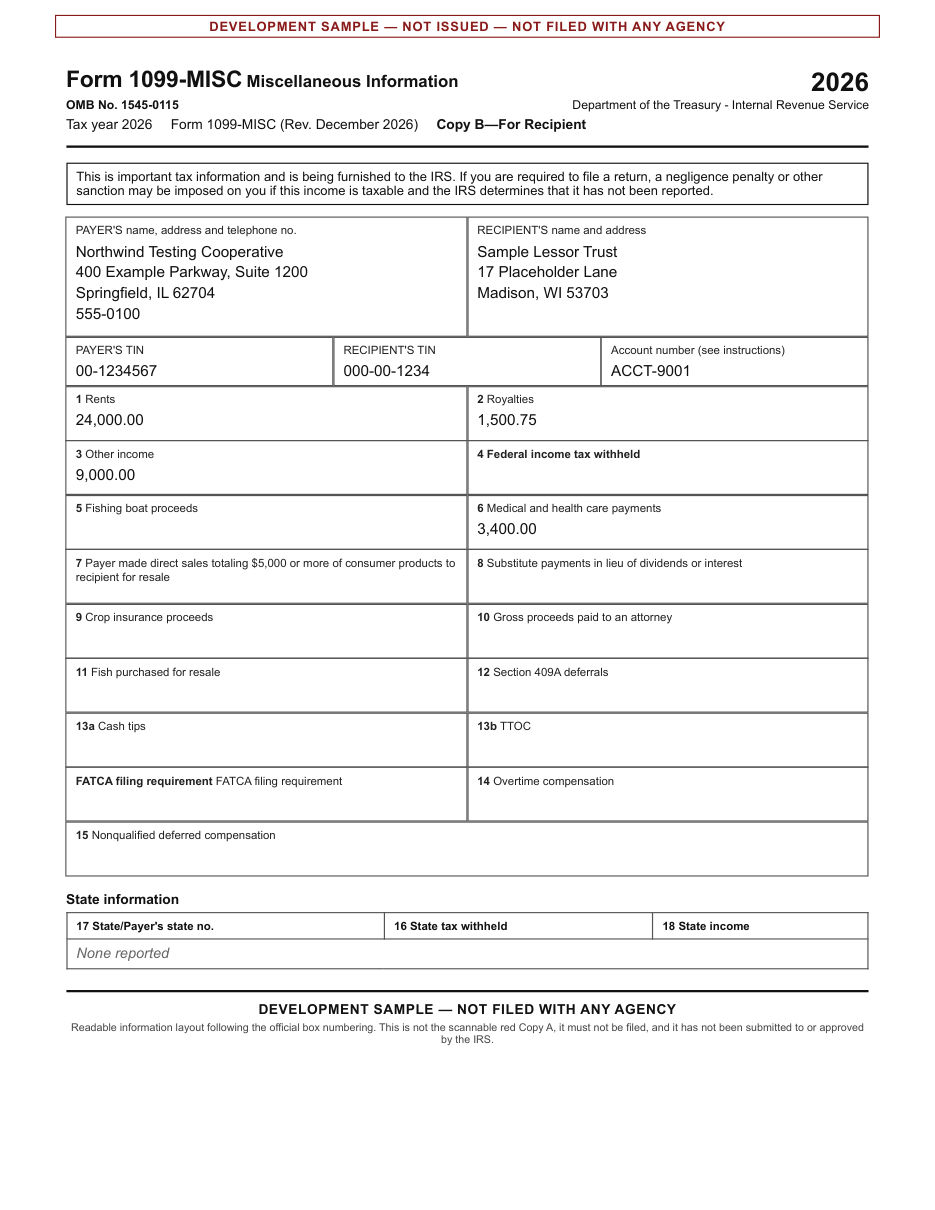 Form 1099-MISC sample, recipient copy, filled with made-up data and marked as a sample that is not filed