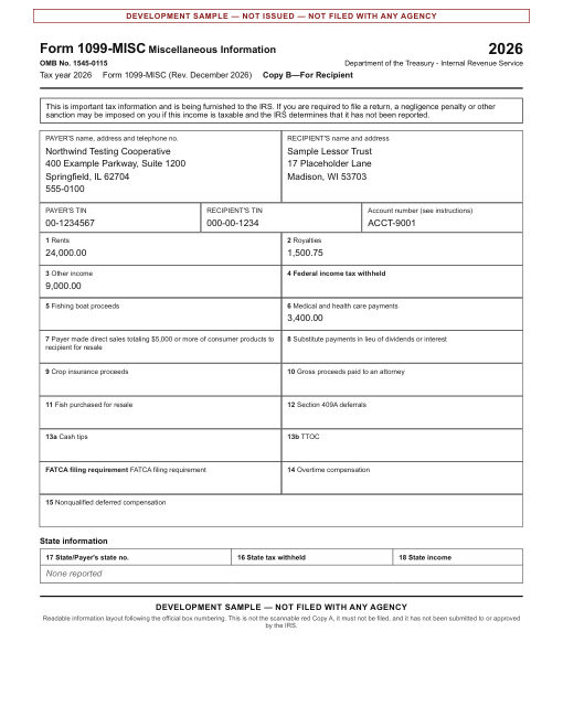 Form 1099-MISC sample, recipient copy, filled with made-up data and marked as a sample that is not filed