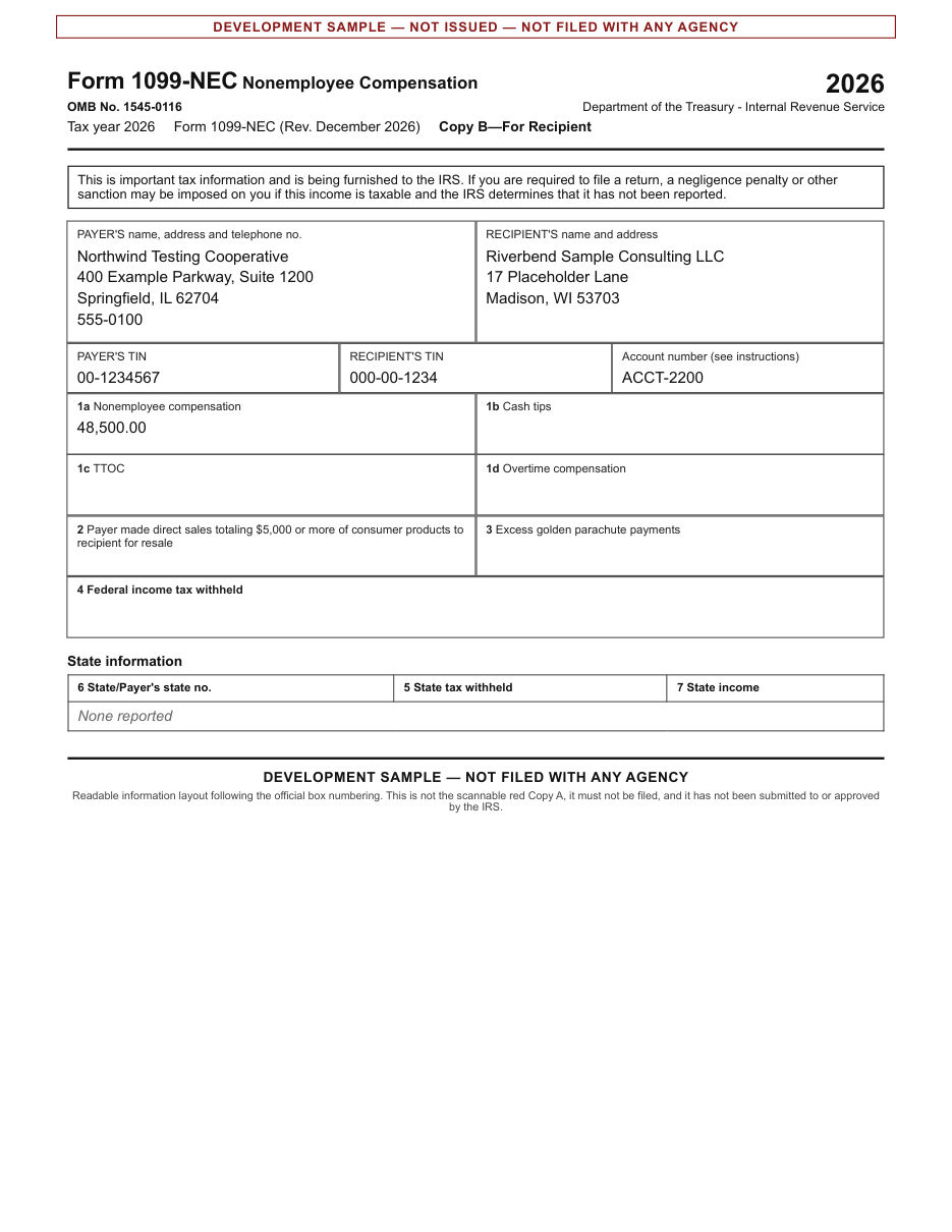Form 1099-NEC sample, recipient copy, filled with made-up data and marked as a sample that is not filed