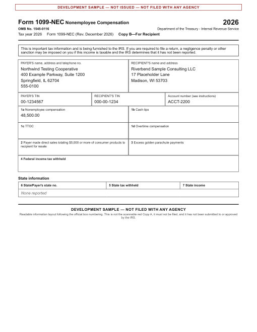 Form 1099-NEC sample, recipient copy, filled with made-up data and marked as a sample that is not filed