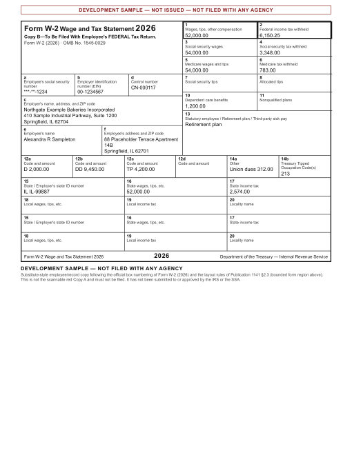 Form W-2 sample, recipient copy, filled with made-up data and marked as a sample that is not filed