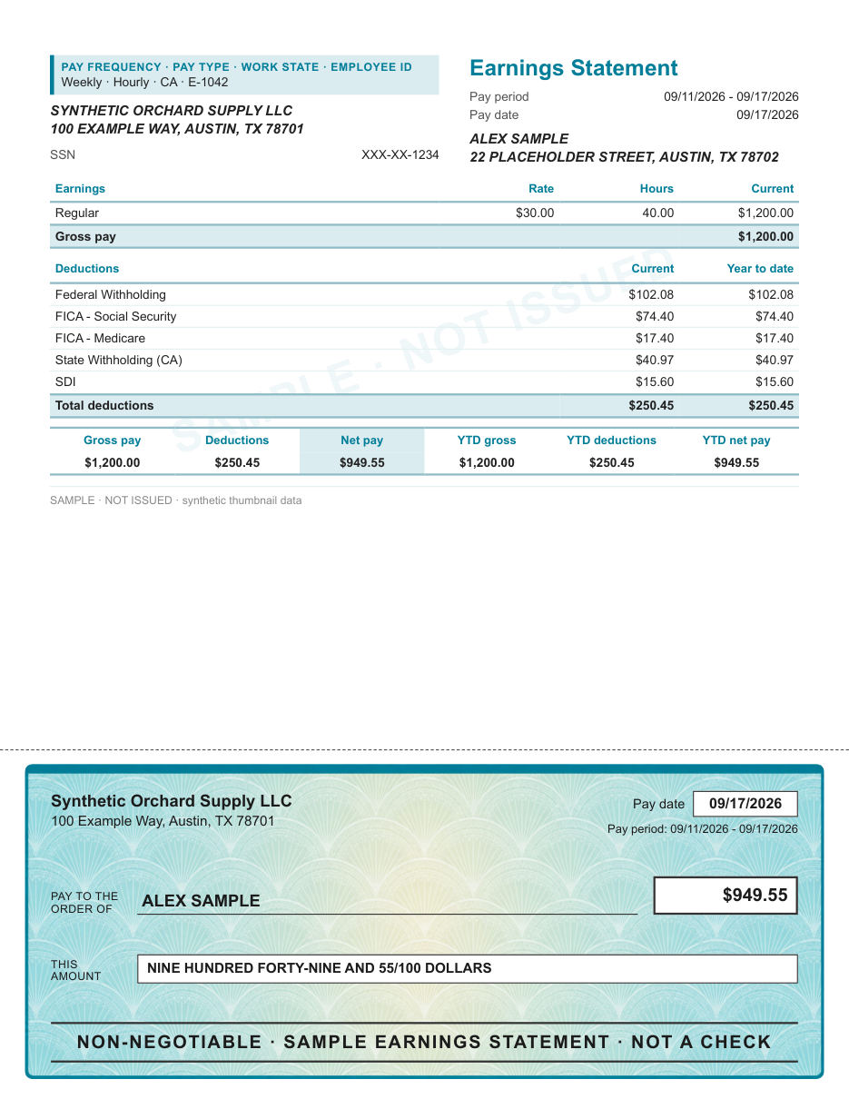 Ruled stub with illustrated check layout in teal fan, with a decorative check area, shown with sample data and a SAMPLE watermark