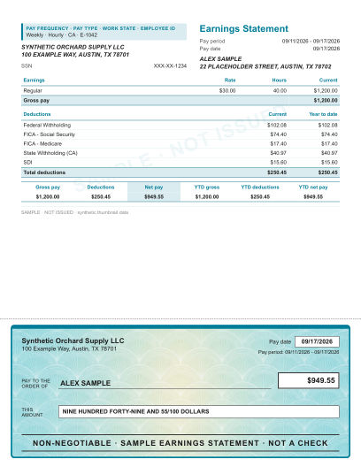 Ruled stub with illustrated check layout in teal fan, with a decorative check area, shown with sample data and a SAMPLE watermark