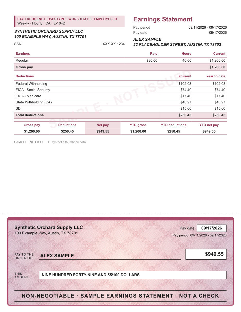 Ruled stub with illustrated check layout in burgundy lattice, with a decorative check area, shown with sample data and a SAMPLE watermark