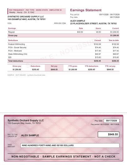 Ruled stub with illustrated check layout in burgundy lattice, with a decorative check area, shown with sample data and a SAMPLE watermark