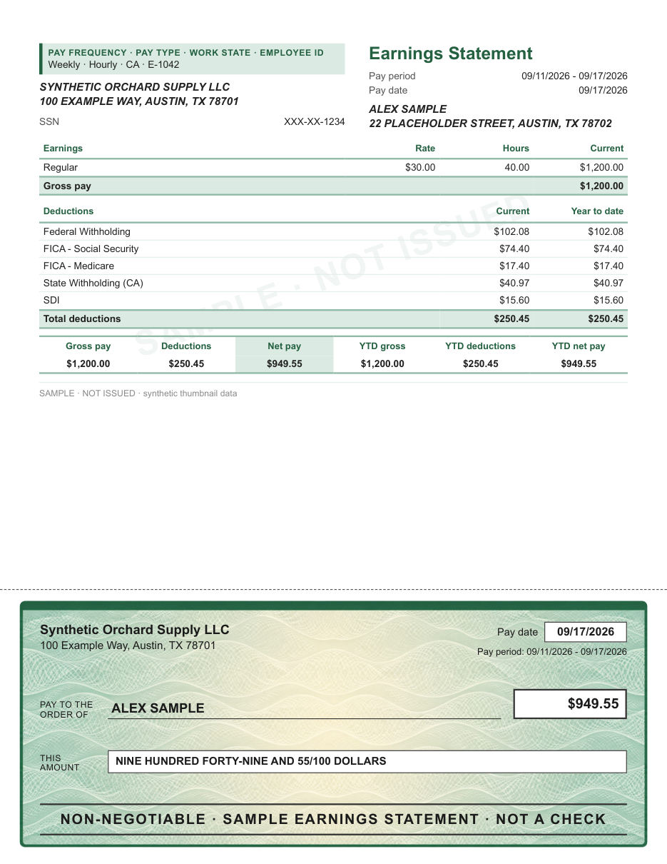 Ruled stub with illustrated check layout in green wave, with a decorative check area, shown with sample data and a SAMPLE watermark