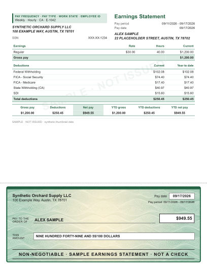 Ruled stub with illustrated check layout in green wave, with a decorative check area, shown with sample data and a SAMPLE watermark
