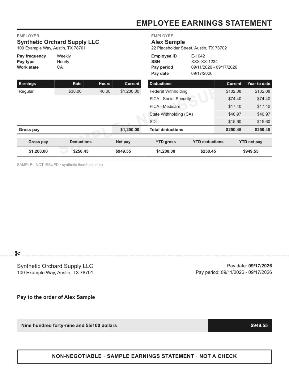 Employee earnings statement layout in black, with the scissors voucher check area, shown with sample data and a SAMPLE watermark