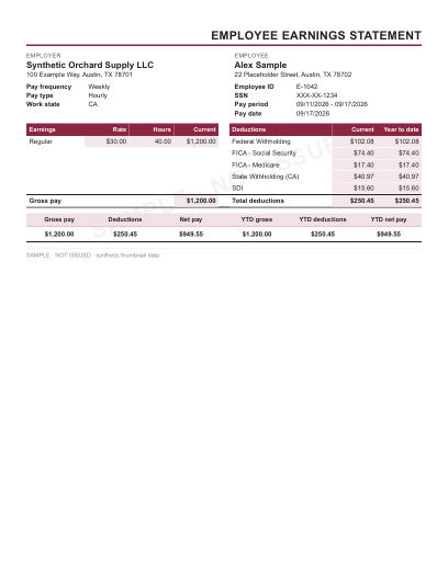 Employee earnings statement layout in burgundy, statement only, shown with sample data and a SAMPLE watermark