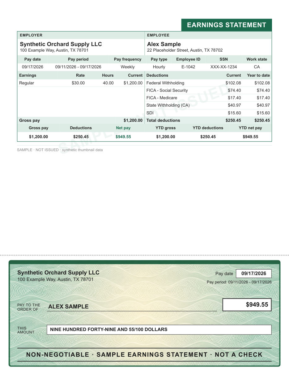 Ledger with title tab layout in green, with the green wave check area, shown with sample data and a SAMPLE watermark
