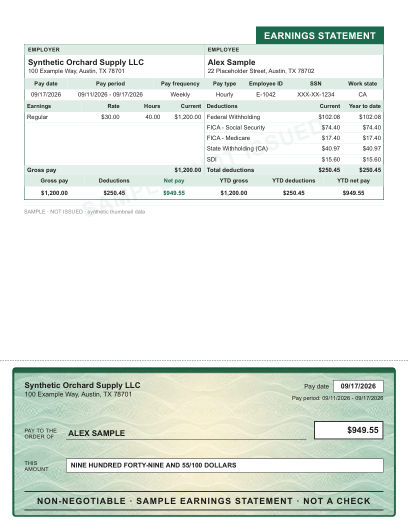 Ledger with title tab layout in green, with the green wave check area, shown with sample data and a SAMPLE watermark