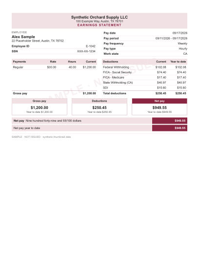 Payments & deductions boxes layout in burgundy, statement only, shown with sample data and a SAMPLE watermark