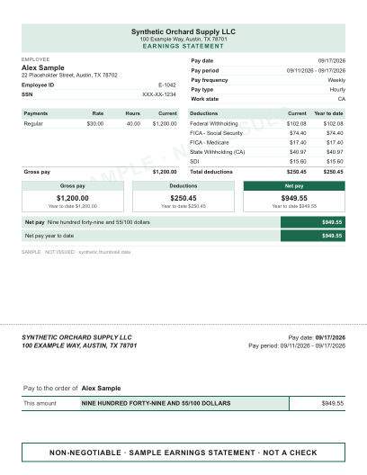 Payments & deductions boxes layout in green, with the outline check area, shown with sample data and a SAMPLE watermark