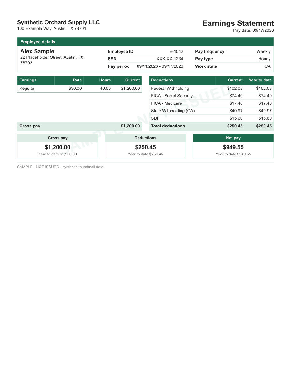 Section boxes layout in green, statement only, shown with sample data and a SAMPLE watermark
