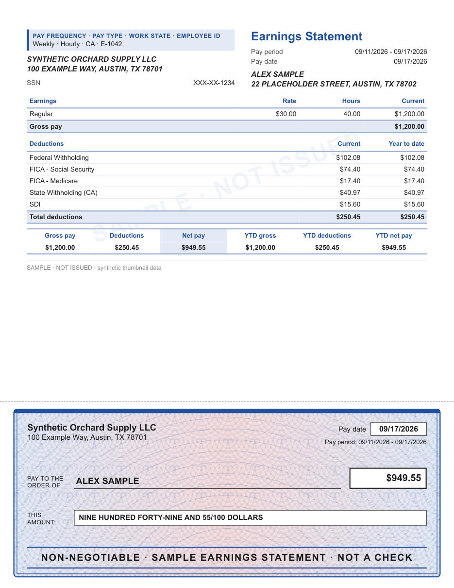 Ruled stub with security check layout in blue, with a decorative check area, shown with sample data and a SAMPLE watermark