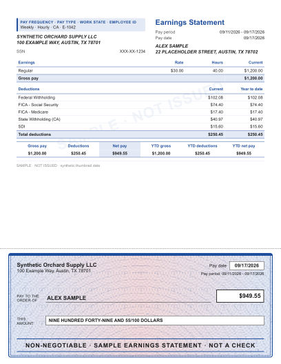 Ruled stub with security check layout in blue, with a decorative check area, shown with sample data and a SAMPLE watermark