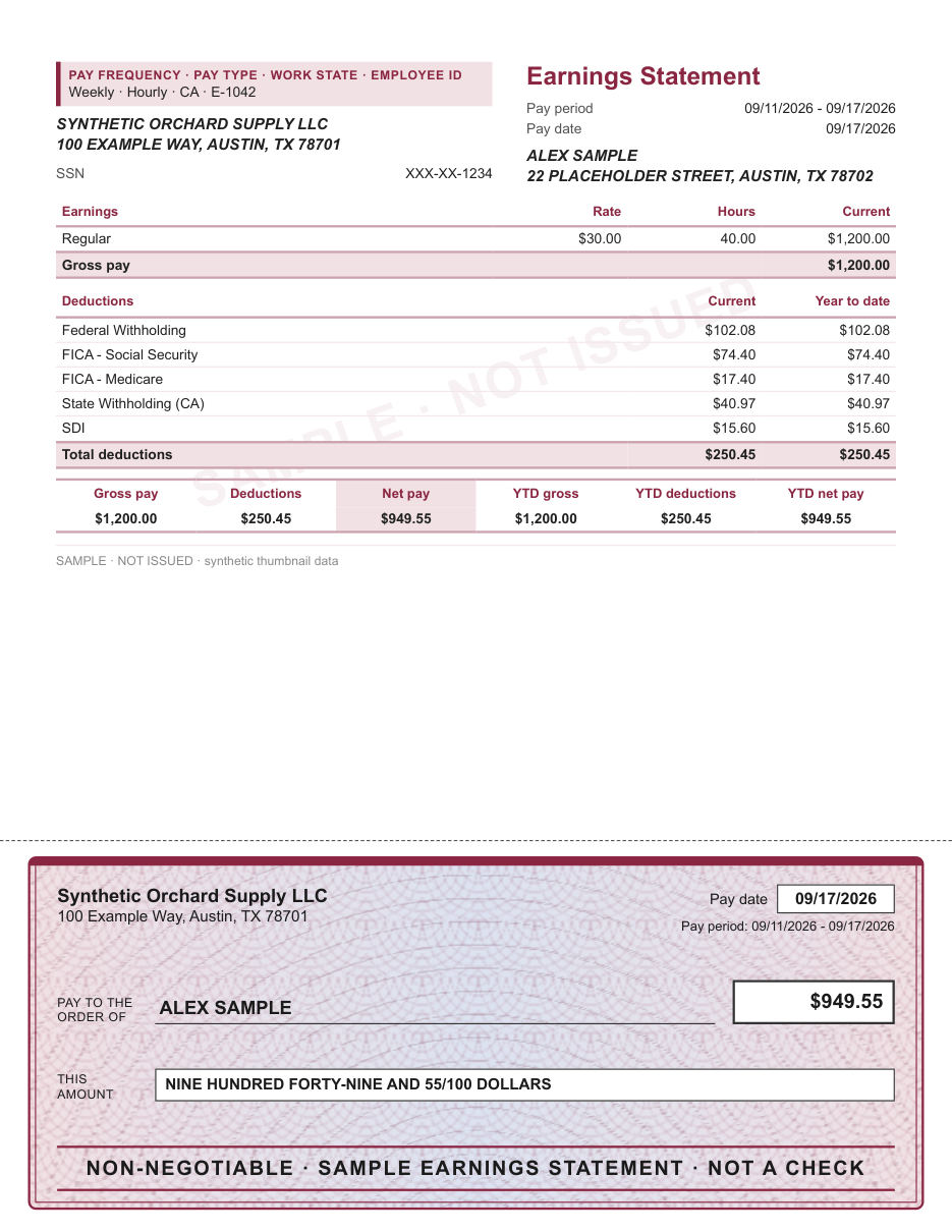 Ruled stub with security check layout in burgundy, with a decorative check area, shown with sample data and a SAMPLE watermark