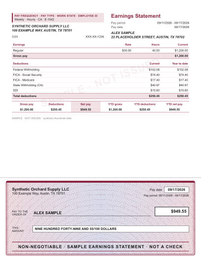 Ruled stub with security check layout in burgundy, with a decorative check area, shown with sample data and a SAMPLE watermark