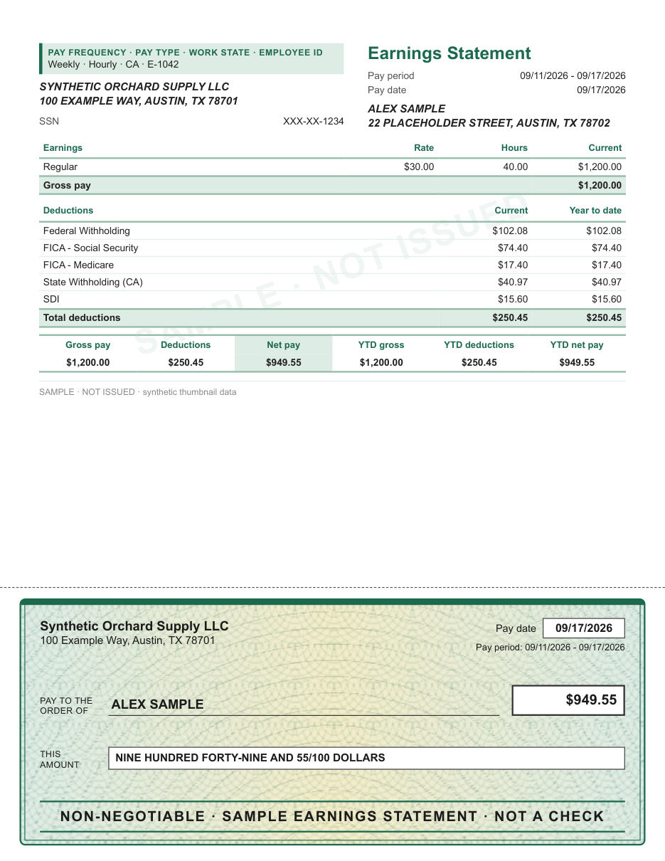 Ruled stub with security check layout in green, with a decorative check area, shown with sample data and a SAMPLE watermark