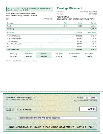 Ruled stub with security check layout in green, with a decorative check area, shown with sample data and a SAMPLE watermark
