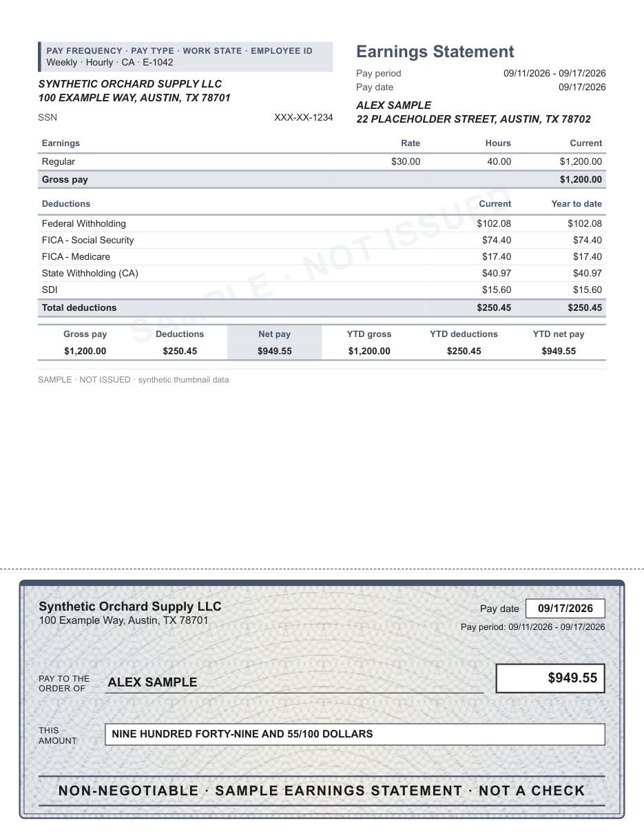 Ruled stub with security check layout in slate, with a decorative check area, shown with sample data and a SAMPLE watermark