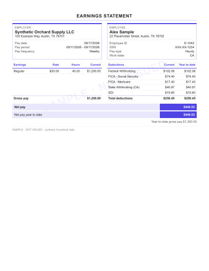 Two-column compact layout in indigo, statement only, shown with sample data and a SAMPLE watermark