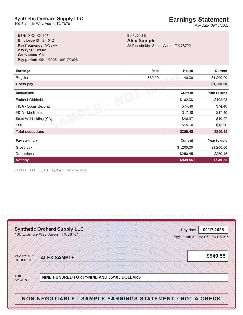 Stacked statement with identity panel layout in burgundy, with the security tint check area, shown with sample data and a SAMPLE watermark