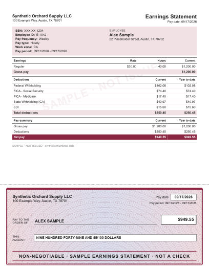 Stacked statement with identity panel layout in burgundy, with the security tint check area, shown with sample data and a SAMPLE watermark