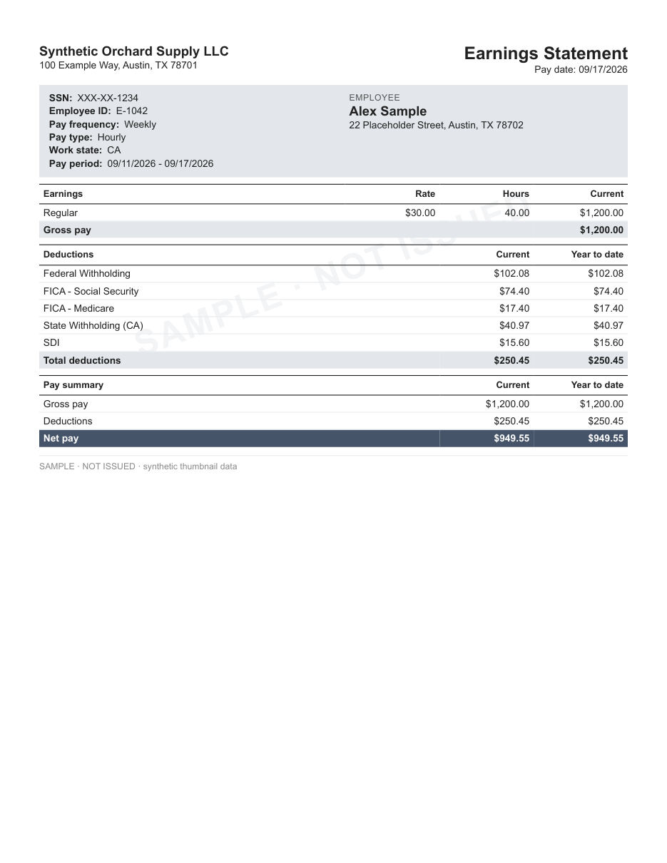 Stacked statement with identity panel layout in slate, statement only, shown with sample data and a SAMPLE watermark